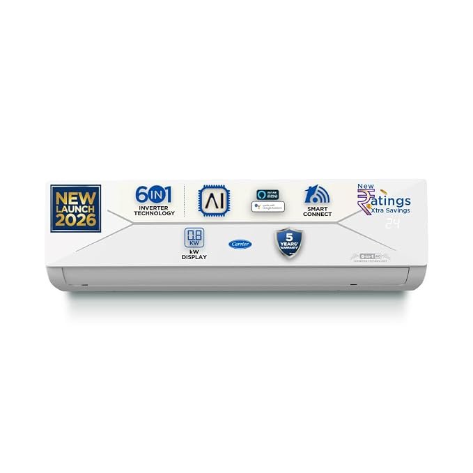 Carrier 1.5 Ton 3 Star Wi-Fi Smart Flexicool Inverter Split AC (Copper, Convertible 6-in-1 with Wi-Fi with Geo-Fencing, Smart Energy Display, New BEE rated, CAI18CE3R36W0/CAI18CE3R36W1, White)